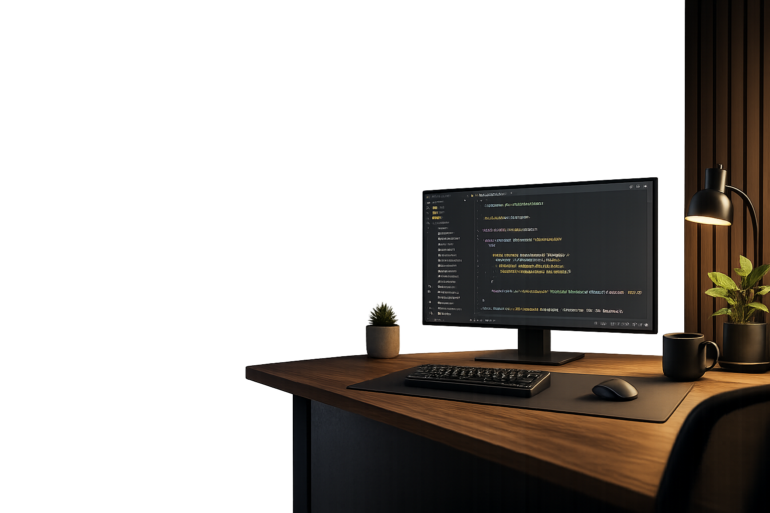 Pracovní stůl s monitorem, kódem a teplým osvětlením